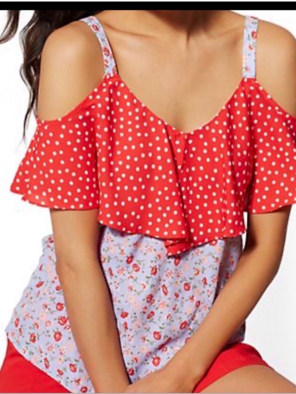 New York & Company Red Polka Dot Ruffle Floral Blue Cold Shoulder Top